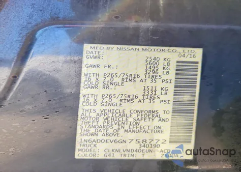 2016 Nissan Frontier S z USA, uszkodzony, nr VIN 1N6AD0EV6GN758772